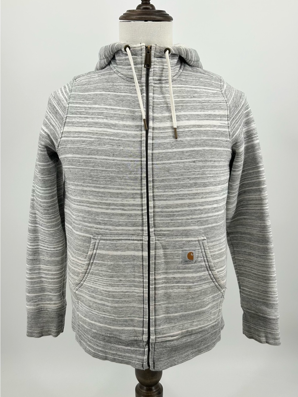 Women’s Carhartt Light Gray striped Sherpa lined Full Zip Hoodie Small 4-6